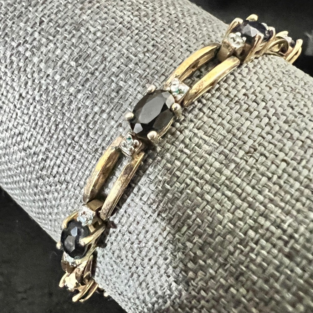 WM 925 Gold over Silver Oval Blue Sapphire Diamond Accent Bracelet 7" Y2K